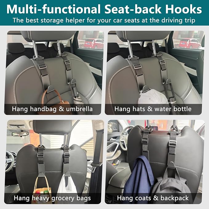 Amooca 4 Pack Anti-drop Headrest Hooks Adjustable Car Seat Organizer | Universal Fit with Clip, Hanger for Backpack Umbrella Water Bottle Coat Purses Handbags Groceries, 40lb Heavy Duty, Black - Image 4
