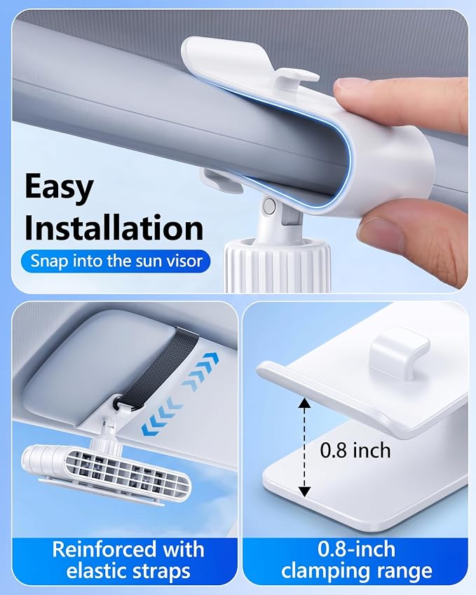 Car Clip on Fan for Sun Visor, 3000mAh Rechargeable Battery Powered Usb Fans That Blow Cold Air, Portable Car Cooling Fan for Cars without Ac, for Vehicle, Van, Suv, Rv, Truck, White - Image 7