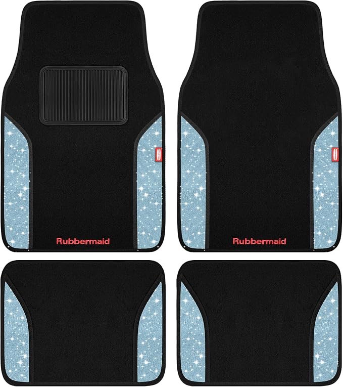 Rubbermaid Bling Car Mats, Carpeted Floor Car Mat with Faux Leather & Built-in Heel Pad, Two-Tone Car Rug Floor Mats, Stylish Carpeted Floor Mats for Cars, Trucks & SUVs Glitter Blue Color by Unknown