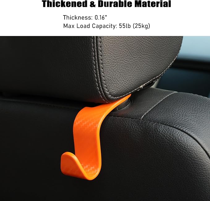 Car Seat Hooks 4 Pack - 55lb Heavy Duty Headrest Hanger, Orange | Universal fit for most cars SUVs,Hang purses handbags coats umbrellas grocery bags,ABS plastic,Easy Installation - Image 4