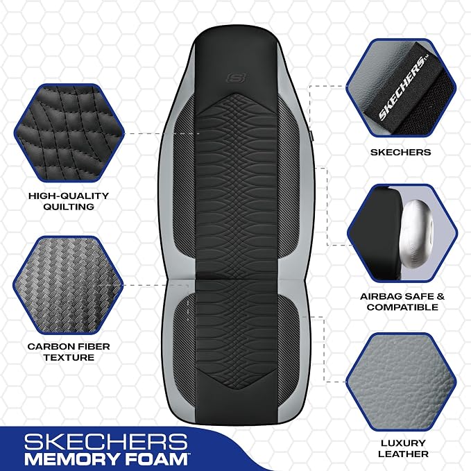 Skechers Memory Foam Car Seat Covers, Leather High Back Seat Covers Quilting Design,Waterproof Sports Car Seat Covers Full Sets,Airbag Compatible, Universal Fit for Most Cars, SUVs,Trucks,Gray - Image 3