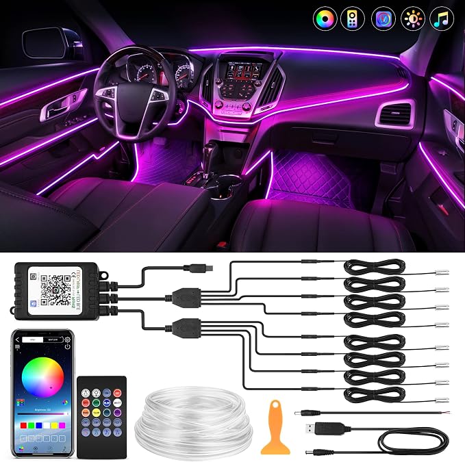 MICTUNING 8 in 1 RGB Interior Car LED Strip Lights, APP and Remote Control | Sound Active & Music Sync Mode, 16 Million Colors & 29 Dynamic Modes, Adjust Brightness, 400-Inch Fiber Optic by MICTUNINGINC