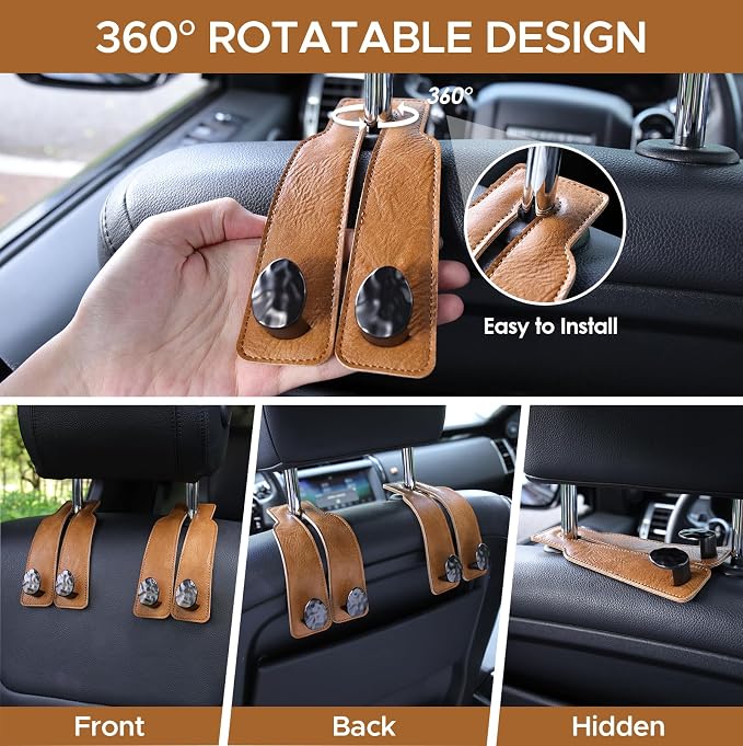 Leather Car Purse Hook for Headrest, 2 Pack (Brown-Black) | Twin Hooks Headrest Hangers, 2/4 Pack, No-Slip, Scratch-Proof, Holds Purses, Backpacks, Grocery Bags, Car Organizer Gift - Image 4