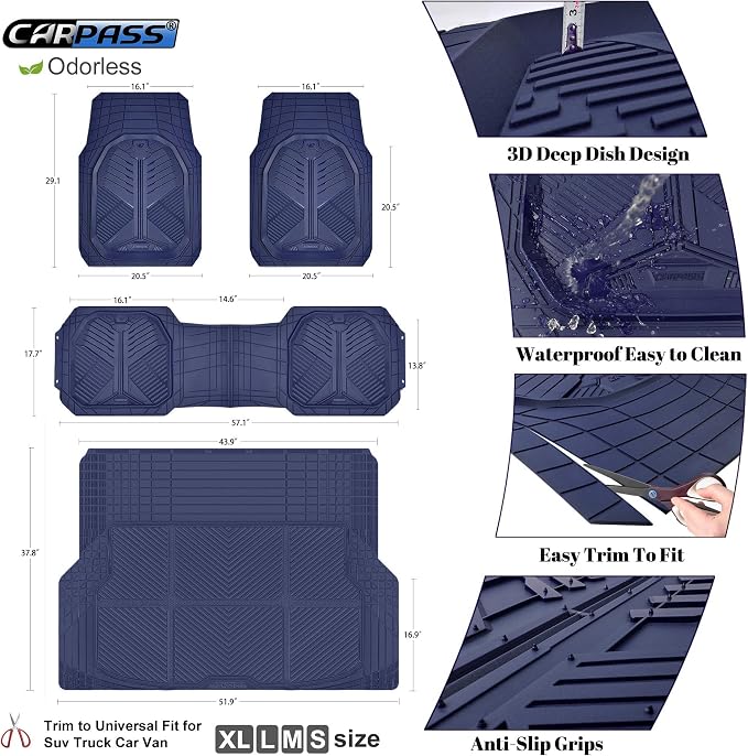 CAR PASS Heavy Duty Rubber Car Mats with Cargo Liner, Deep-Dish Car Floor Mats and Trunk Mat All Weather, Universal Trim-to-Fit for SUVs Trucks Sedans, Waterproof Anti-Slip, Trimmable V12 Blue - Image 5