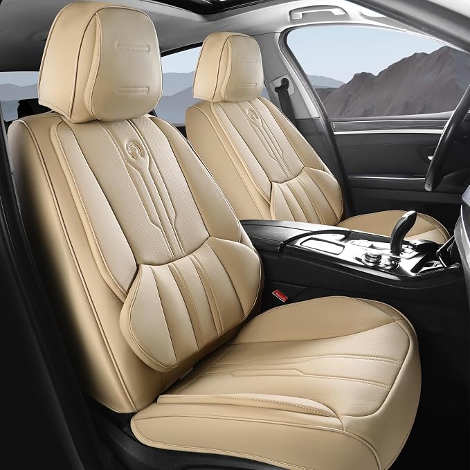 AOOG Car Seat Covers Custom Fit for Ford F150 2009-2026, Faux Leather Seat Cover Set for 2017-2026 F250 F350 F450, Accomodating Regular Cab Super Cab Super Crew Pickup Truck Cushions(Beige, Full Set) by AOOG