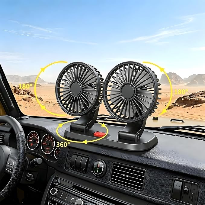 5V Dual Head Car Fan, Portable Vehicle Cooling Fan with 2 Speeds, 360° Rotatable Adjustable Dashboard Air Circulator for SUV, RV, Truck, Sedan, Cruise, Cigarette Lighter Powered USB Fan - Image 6