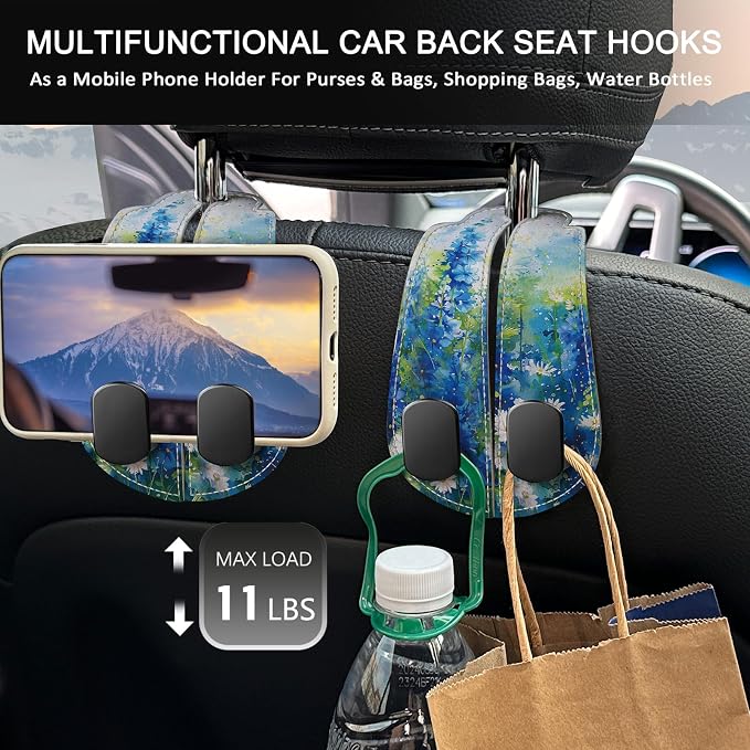 Blusabaca 2PCS Car Seat Headrest Hooks, Purses Bags Holder, Floral Blue | PU Leather, Double Metal Back Storage Hangers for Grocery Bags Handbags Bottles Coats Phones, Car Accessories Organization - Image 3