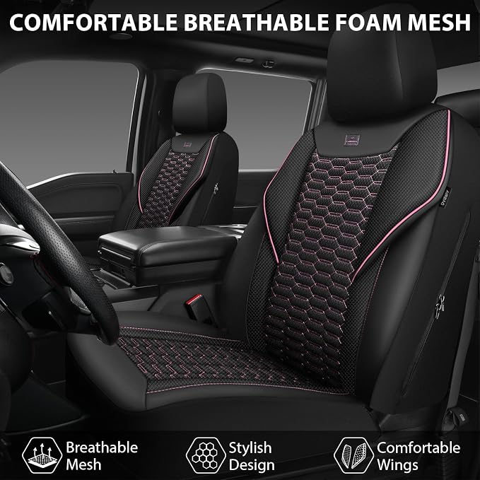 CAR PASS 3D Foam Mesh Leather Car Seat Covers Front Seats,Breathable Mesh Front Seat Covers for Women,Universal Fit for Cars SUV Truck Sedan Van Automotive, Armrest Airbag Compatible,Black and Pink - Image 7