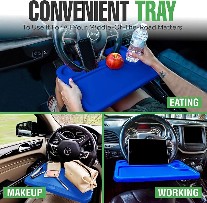 lebogner Steering Wheel Tray, Car Food Trays for Eating with iPad Tablet Slot, Multipurpose Double-Sided Hook On Travel Auto Steering Wheel Desk Table for Laptop & Notebook with Cup Holder, Dark Blue - Image 2