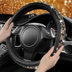 CAR PASS Bling Diamond Steering Wheel Cover Leopard Pattern, Sparkly Crystal Glitter Rhinestones Black Leather Wheel Protect for Women Girl Fit Suvs,Vans,Sedans,Cars,Trucks, 14" 1/2-15" Gold Leopard - Image 3