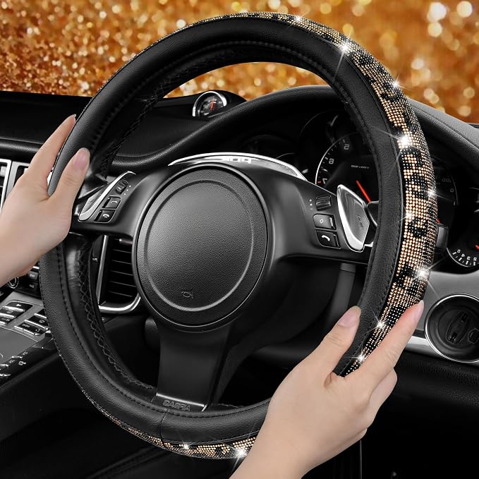 CAR PASS Bling Diamond Steering Wheel Cover Leopard Pattern, Sparkly Crystal Glitter Rhinestones Black Leather Wheel Protect for Women Girl Fit Suvs,Vans,Sedans,Cars,Trucks, 14" 1/2-15" Gold Leopard - Image 3