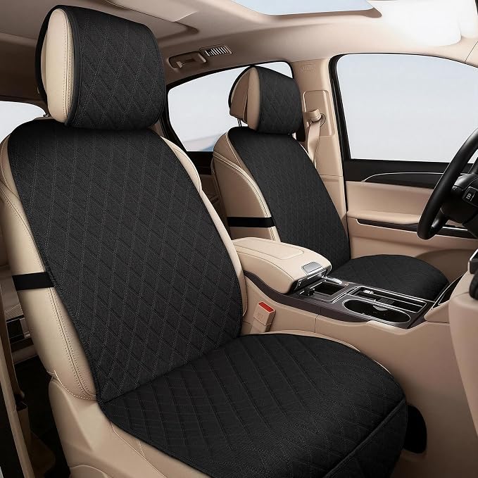Linen Car Front Seat Covers, Breathable Linen Car Seat Protector | With A Carrying Pouch And Non-Slip Nubs On The Back; Universal Fit Cars Vans SUVs Trucks, 2 Units, Black by Unknown