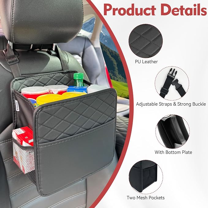 Witaxima 2 Pack Upgraded Car Seat Organizer Backseat with Storage Pockets | Multipurpose Car Organizer Hanging Car Trash Bag Premium PU Leather Garbage Can 2.14 Gallon Large Capacity Accessories Black - Image 3