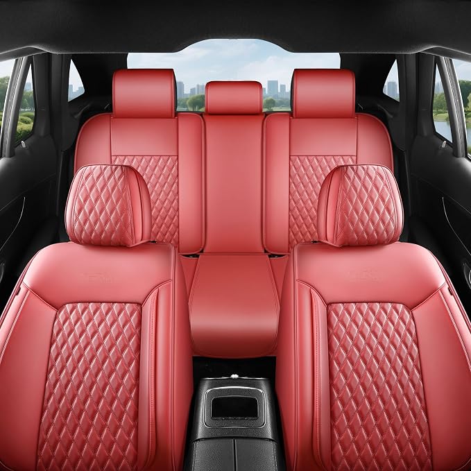 Red High-Density Nappa Leather Automotive Car Seat Covers Full Set | Univerasal Fit,3D Contoured,Waterproof,ThickTexture Nappa Leather,for most Suvs Trucks Sedans - Image 9