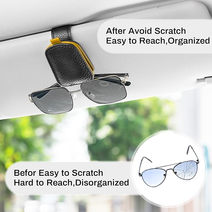 SINGARO Sunglasses Holder for Car, Leather Magnetic Buckle Sun Visor Sunglass Clip, Ticket Card Storage Glasses Clip, Car Interior Accessories for Men and Women（Black-Yellow） - Image 6
