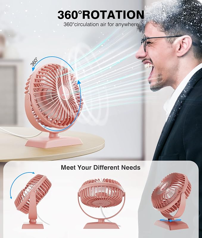 JZCreater USB Desk Fan, USB Fans Mini, 360 Rotation Desktop FanS with 3 Speed, Table Personal Cooling Fan, Quiet Mini Desk Fan, USB Powered, Small Fan for Home Office Bedroom Car Travel, Pink - Image 4