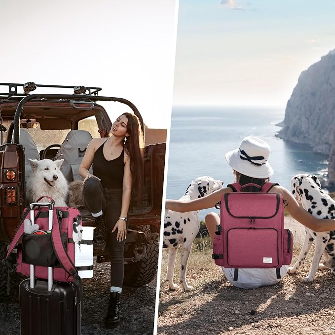 Modoker Multi-Compartment Dog Travel Backpack for Pet Supplies, Rose Red | Dog Travel Accessories Organizer with 2 Food Bags, 2 Bowls, Quick-Access Pockets, Tissue Opening, Luggage Sleeve, Feeding Mat - Image 7