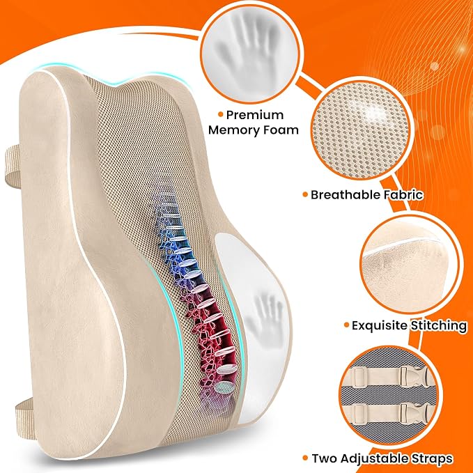 CloudBliss Lumbar Support Pillow, Memory Foam for Office Chair, Khaki | Ergonomic High-Density Memory Foam, Adjustable Straps, Washable Mesh Cover, Lower Back Support for Office, Gaming & Car Seat - Image 4