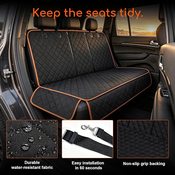 Car Back Seat Cover, Waterproof Non-Slip Pet Rear Seat Protector with Side Flaps, Scratchproof Oxford Cloth Pet Bench Backseat Cover for Most Vehicles, Car Accessories (Black & Orange) - Image 3