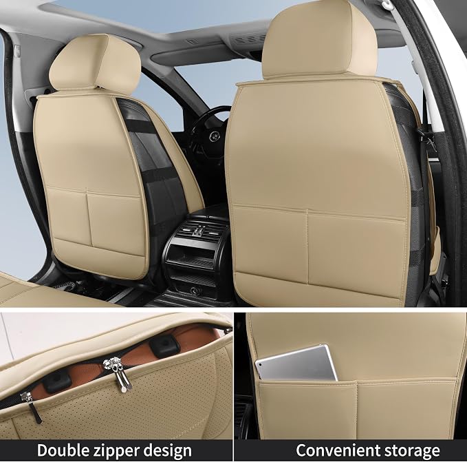 HChengkikz Nappa Leather Car Seat Covers Front Seats, Beige Car seat Protector, Waterproof Car Seat Cushion, Universal Automotive Seat Covers Fit for SUV Truck Pick-up Sedan and Most Cars | Easy Maintenance, Airbag Compatible, Universal Fit For Most SU... - Image 2