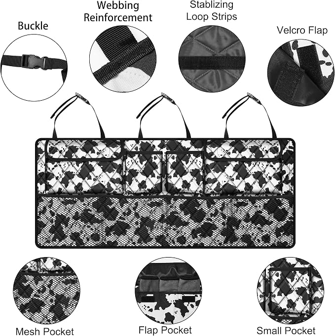 Femuar Car Trunk Organizer,Large Capacity Backseat Trunk Organizer(42"*18"),Collapsible Car Storage Bag with 8 Pocekt,SUV/MPV/Truck - Cow print - Image 4