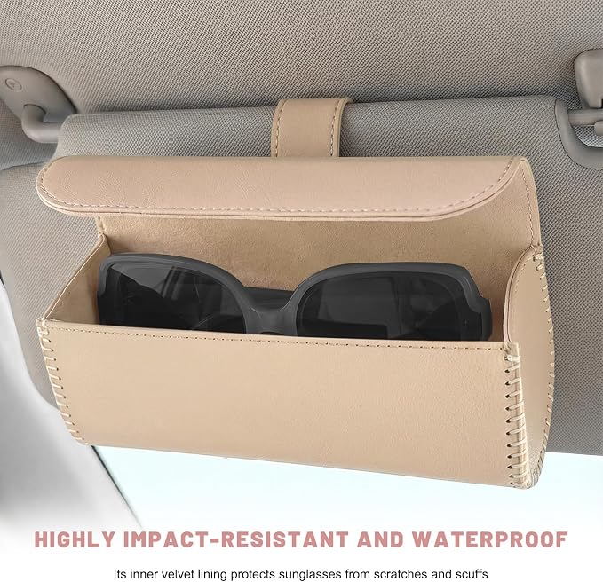 Sunglasses Holder for Car Visor, Auto Sunshade Eyeglasses Storage Case with Hidden Magnetic Closure, PU Leather Sunglass Protective Box for Most Vehicles Sun Visors (Beige) - Image 5