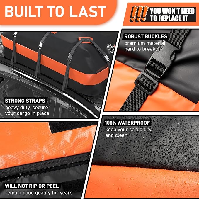 Car Roof Bag Rooftop top Cargo Carrier Bag 15 Cubic feet Waterproof for All Cars with/Without Rack, Includes Anti-Slip Mat, 10 Reinforced Straps, 6 Door Hooks, Luggage Lock - Image 5