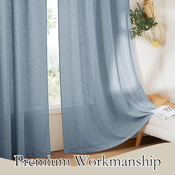 RYB HOME Flax Linen Blend Curtains for Closet Kitchen, Semi Translucent Privacy Protection Light Filtering Decorative Short Small Window Drapes for Bedroom, W 52 x L 36 inches, Dusty Blue, 2 Panels - Image 4