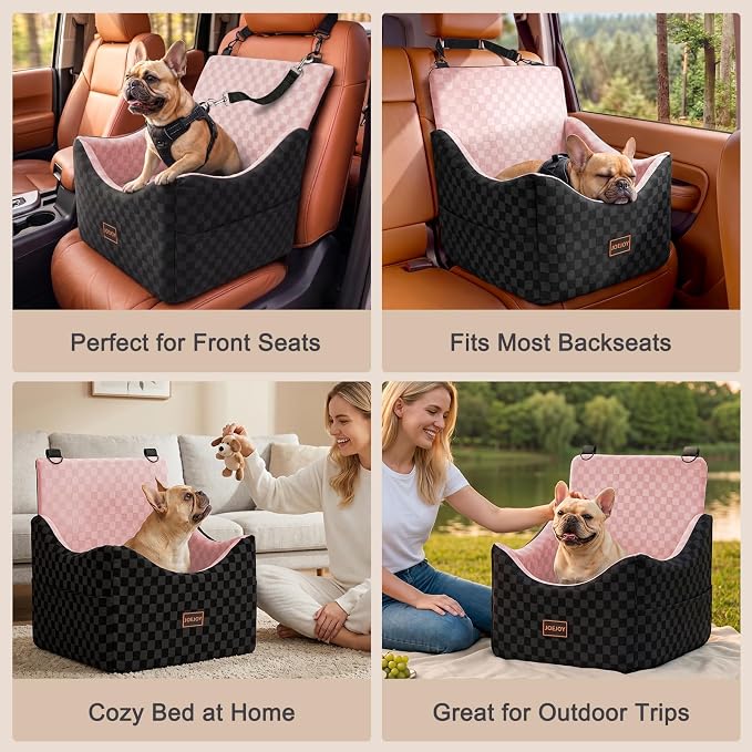 JOEJOY Elevated Dog Car Seat for Small/Medium Dogs up to 35 lbs, Memory Foam Booster Seat with Detachable Washable Cover, Travel-Safe Car Bed with Safety Belts & Storage Pockets, Pink - Image 9