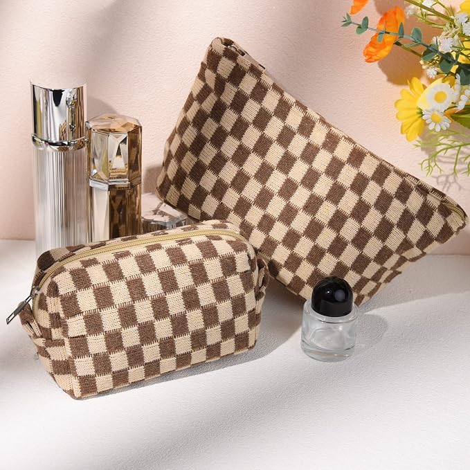 SOIDRAM 2 Pieces Makeup Bag Large Checkered Cosmetic Bag Capacity Canvas Mix Travel Toiletry Bag Organizer Cute Makeup Brushes Aesthetic Accessories Storage Bag for Women, Checkered Mix Brown - Image 5