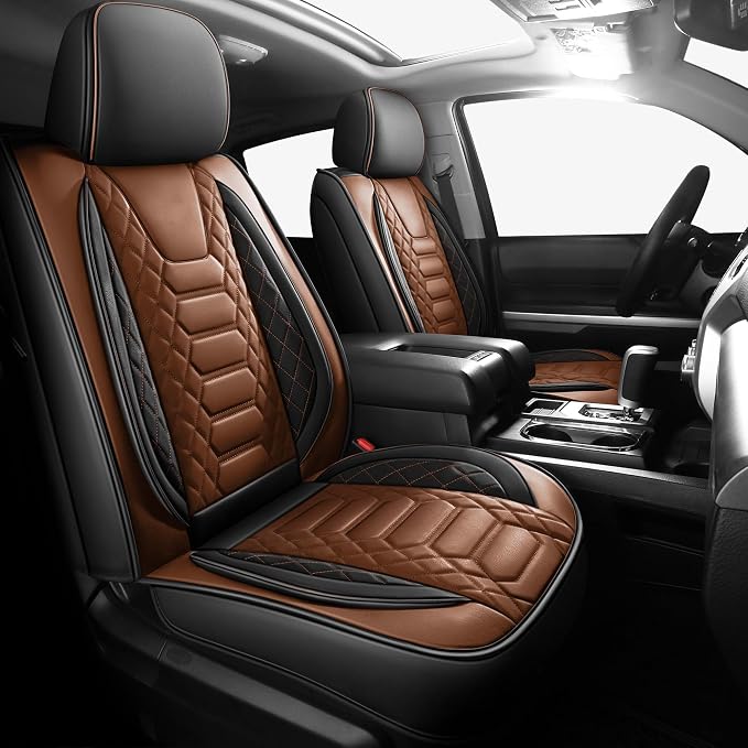 FREESOO for Toyota Tundra Seat Covers 2007-2021 Crewmax Cab 2 Front Set | 2pcs, Custom Fit, Airbag Compatible, Premium Waterproof Leather, for Truck Toyota Tundra Accessories, BlackBrown by FREESOO