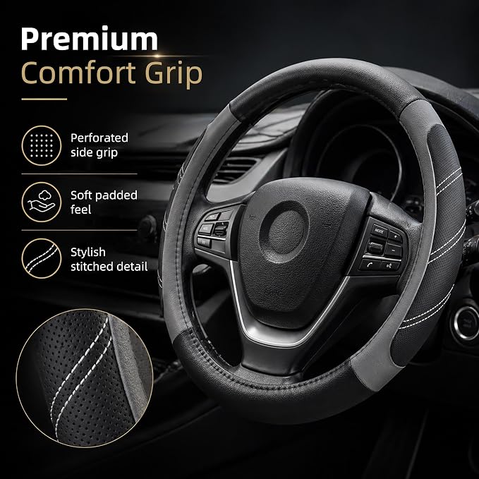 Elantrip Leather Large Steering Wheel Cover 14 1/2 inch to 15 inch Universal, Soft Grip Breathable for Car Truck SUV Jeep Anti Slip Gray - Image 2