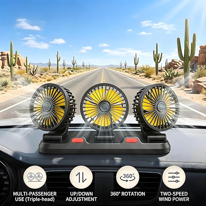 12V Car Cooling Fan with Cigarette Lighter Plug, 3-Head Portable Fan, 2-Speed Adjustable, 360° Rotating, Powerful Airflow for Vehicle Truck SUV RV Auto - Image 6
