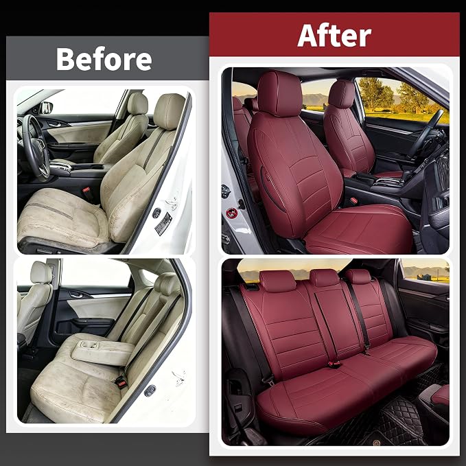 HKZ Custom Fit Civic Seat Covers for Honda Civic 2016 2017 2018 2019 2020 2021 Hatchback EX,Sport Touring,EX-L - 5-Seats Leather Full Set,Wine Red - Image 5