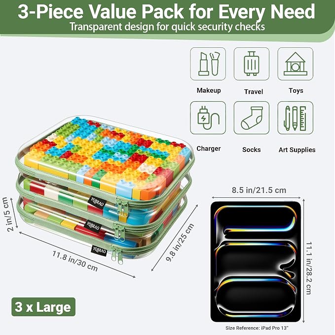 YQBRAO Clear Hard Shell Zipper Cases, 3 Large Travel Organizers, Green | Rigid 1.2 mm PET and YKK dual zippers for full-size toiletries, makeup palettes, electronics and craft supplies - Image 4