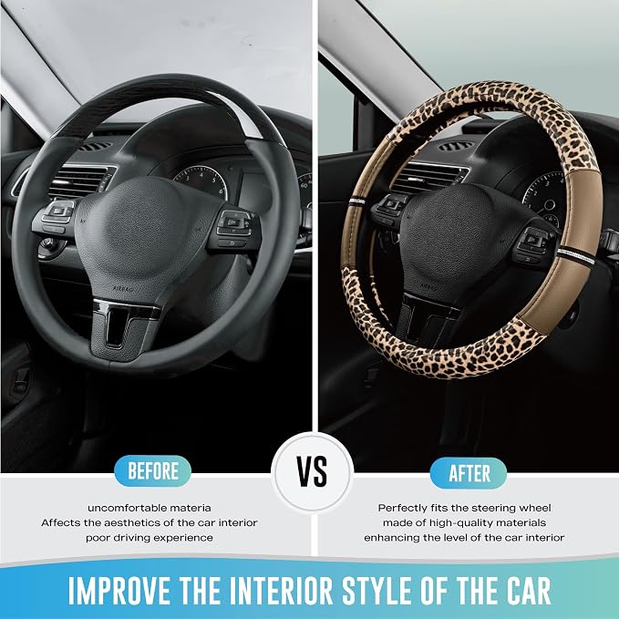 Road Comforts Leopard Steering Wheel Cover for Women, Cute Anti-Slip Microfiber Leather, Universal Fit 14.5-15 Inch Round Steering Wheel - Beige - Image 3