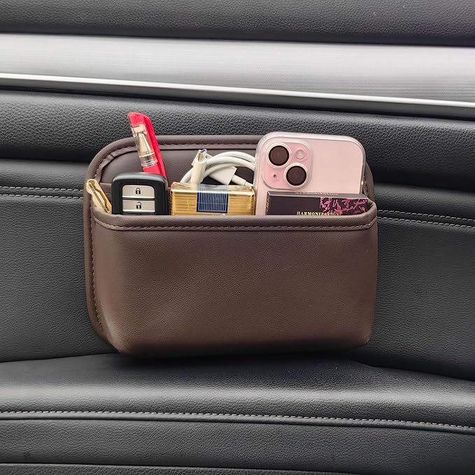 Car Seat Side Pocket Organizer for Car Doors and Consoles, Brown | Reusable Adhesive Car Storage Bag, Holds phones keys wallet sunglass etc, Suitable for all vehicles, PU Leather by ZQLYCSK