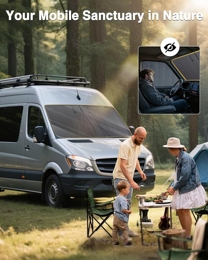 Insulated Windshield Cover Fit for Ford Transit Medium/High Roof | 150 250 350 2015-2025, Blackout Privacy & Thermal Insulation Van Front Windshield Shades, All-Season Van Life Camping, Gray - Image 8