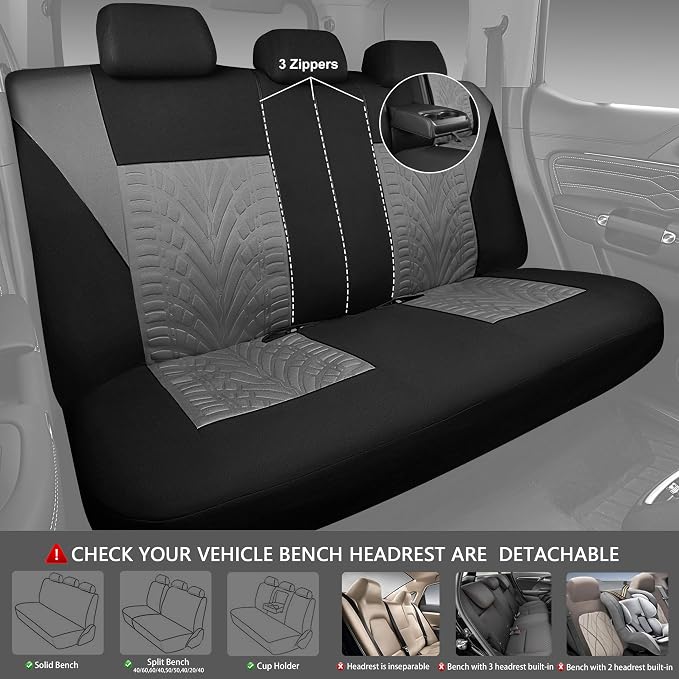 CAR PASS Car Seat Covers Full Sets, Front & Split Rear Bench for Car, 3D Tyre Embossed Automotive Interior Covers, Airbag Compatible, Quick Setup Universal Fit Seat Covers for Car, SUV(Black Gray) - Image 4