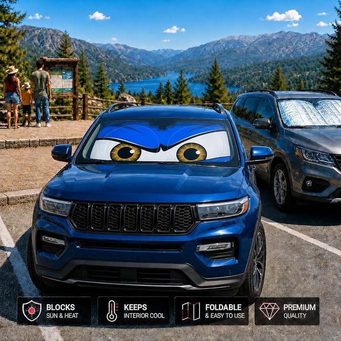 Car Windshield Sun Shade, Universal Fit Midsized Sedan SUV, Monster Blue | 63 x 31.5" Windshield Cover, Foldable Front Window Sunshade, UV Heat Protection, Cute Eyes Series - Image 7