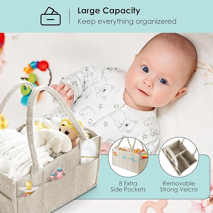 HIPHOP PANDA 2-Pack Diaper Caddy Organizer - Newborn Essentials Baby Registry Must Haves - Sturdy Nursery Storage Bin & Portable Car Caddy for Diapers & Wipes - Grey/Oatmeal Gift Set - Image 3