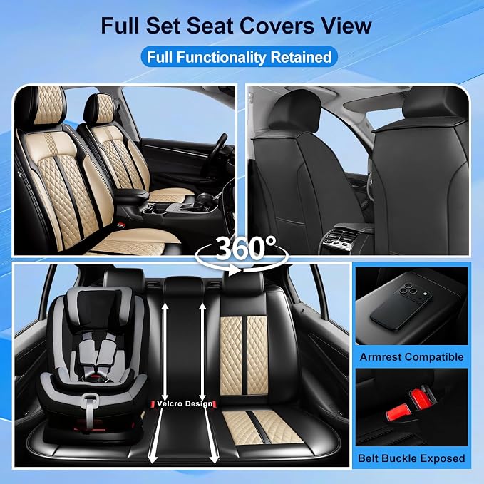 Fit Gladiator Seat Covers Fit for Jeep Gladiator 2020-2026, Full Set | Premium Leather Full Coverage Protector, Waterproof, Breathable, Scratch Resistant, Easy Wipe, Airbag Compatible, Black+Beige - Image 2