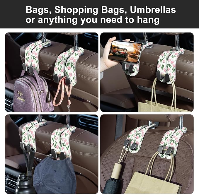 CoBak Purse Hook for Car - Universal Premium Stitched Leather and Aluminum-Magnesium Alloy Double Car Seat Back Storage Hook for Purses, Handbags, Bags (2 Pack),Tulip - Image 4