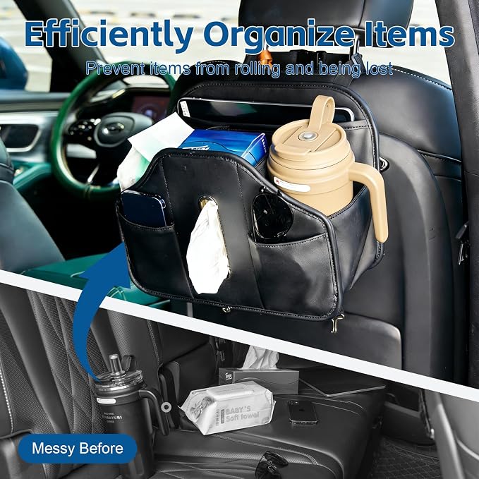 Multifunctional Car Tissue Holder,Back Seat Organizer with Cup Holder,PU Leather Car Headrest Seat Back Storage,Snack Organizers for Kids,Large Tissue Box Cover Fit Kleenex Tissues(50-230ct) - Image 5