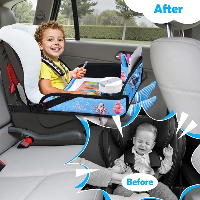 Toddler Car Seat Travel Tray FOR Road Trip Activities, Whale | Travel Tray With 16.7" x 13.4" Smooth Dry Erase Board, Cup holders, Ddjustable Strap & Shoulder Carry Strap - Image 2