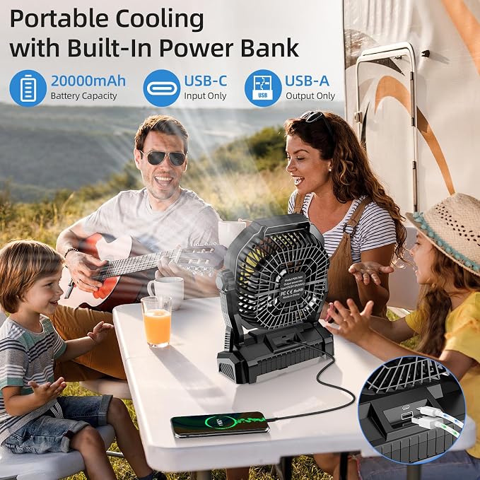 Camping Fan Rechargeable, 20000mAh Battery Powered Portable Fan with LED Light & Hook, 4-Speed 270° Adjustable, Camping Essentials for Tent, Travel, Car, Outdoor, Indoor, BBQ, Fishing, Jobsite - Image 3