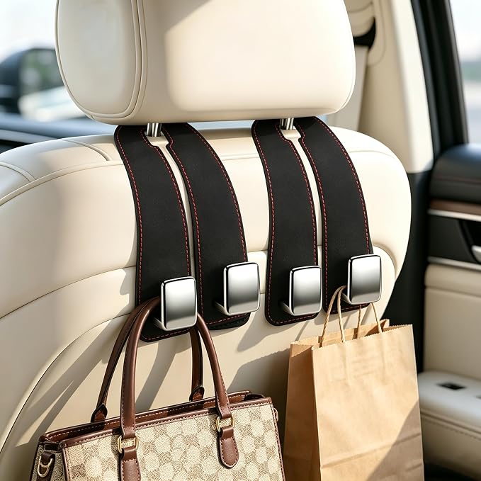 Amooca Car Headrest Hooks 4-Pack Suede Seat Organizer with Metal Core | Universal Fit, Double-hook Design, Backseat Storage for Backpack Umbrella Water Bottle Coat Purses Handbags Groceries, Black - Image 7