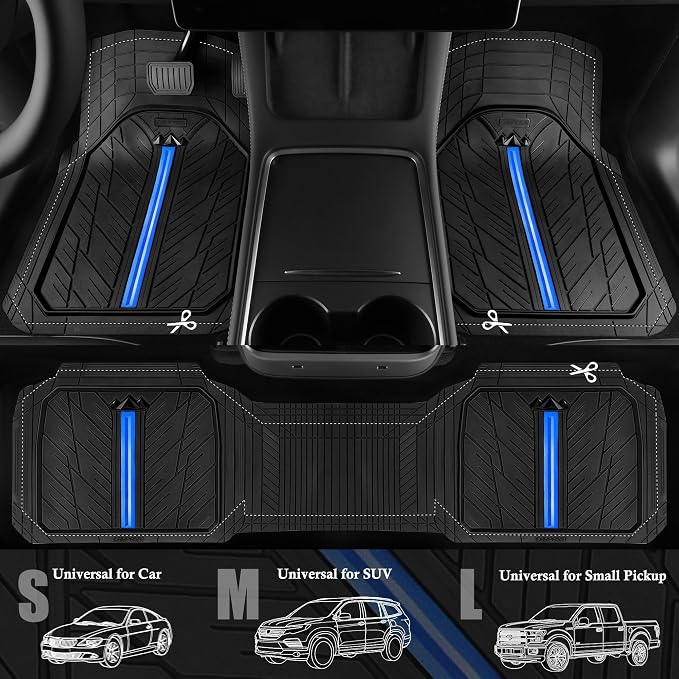 CAR PASS Rubber Floor Mats for Cars, Car Mats Full Sets DeepDish,Universal S~L Size Trim-to Fit Automotive Floor Mat for Truck Van SUV, Heavy Duty Waterproof All-Weather Floor liner Durable Black Blue - Image 4