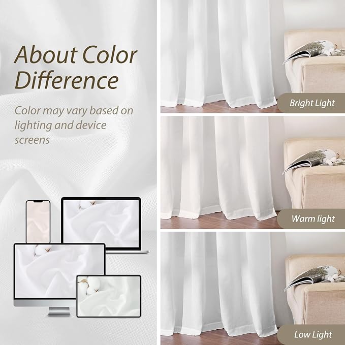 RYB HOME Linen Sheer Curtains 2 Panels for Living Room, Semi Transparent Privacy Drapes with Rod Pocket Farmhouse Style Window Treatments for Bedroom, White, 38" W x 63" L - Image 4