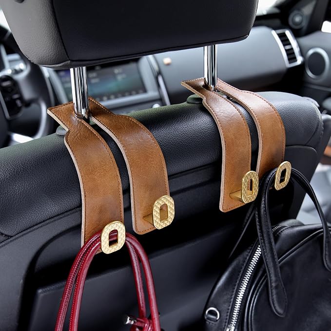 Car Headrest Hooks Universal Car Purse Hook Premium Leather and Alloy Twin Hook Car Seat Back Storage Hanger Hook for Purse Bags Cloth Drink Durable Holder Car Accessories (BH09-Brown-Gold-4 Pcs) - Image 3